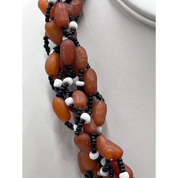 Vintage‎ Orange Black White Beads Twisted Multi-strand Bumpy Beaded Necklace - Picture 3 of 7